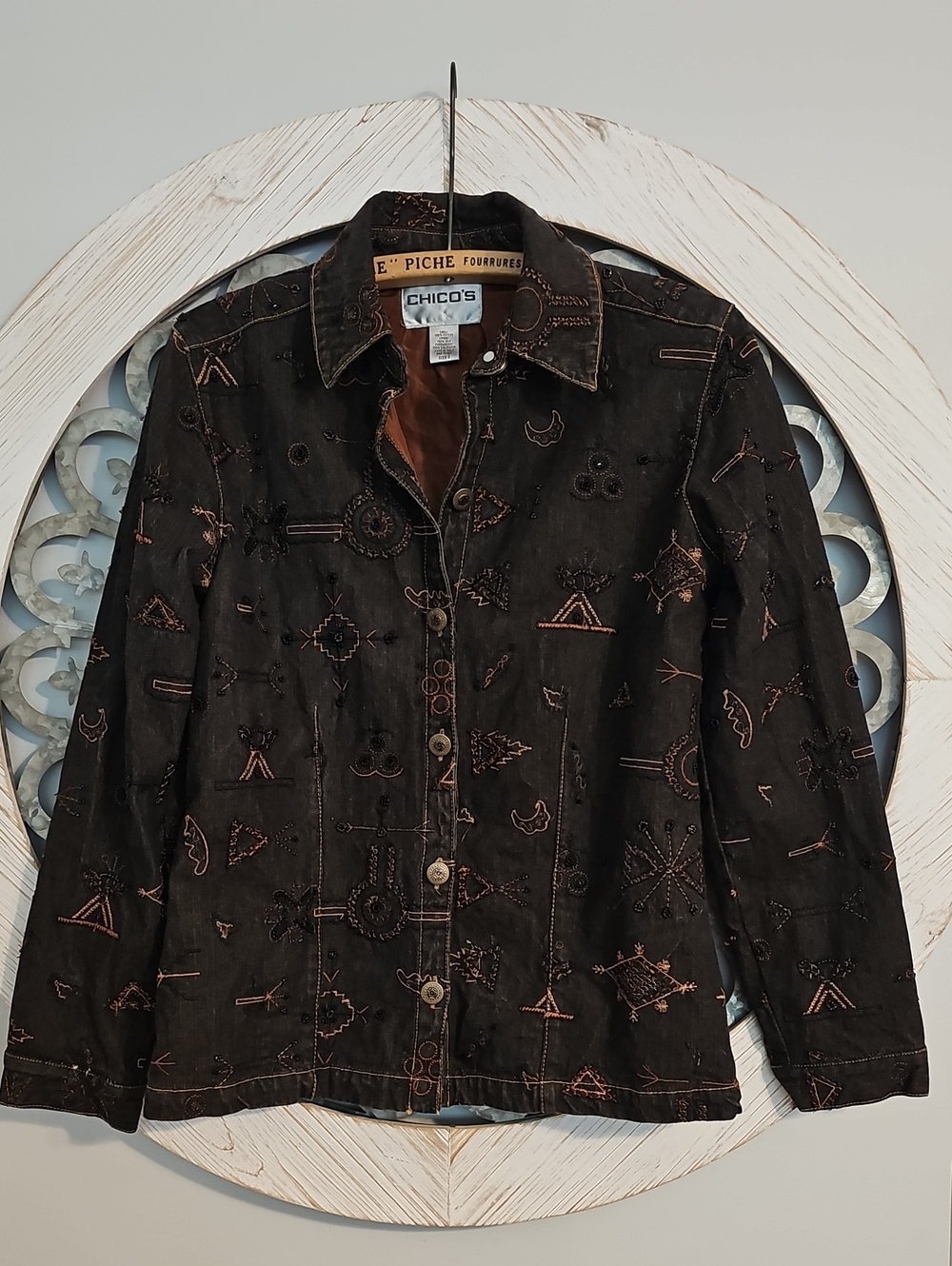 Chico's Women's Black Embroidered Button-Front Jacket